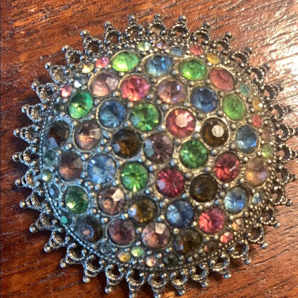 Vintage Colorful Rhinestone Brooch with Intricate Filigree